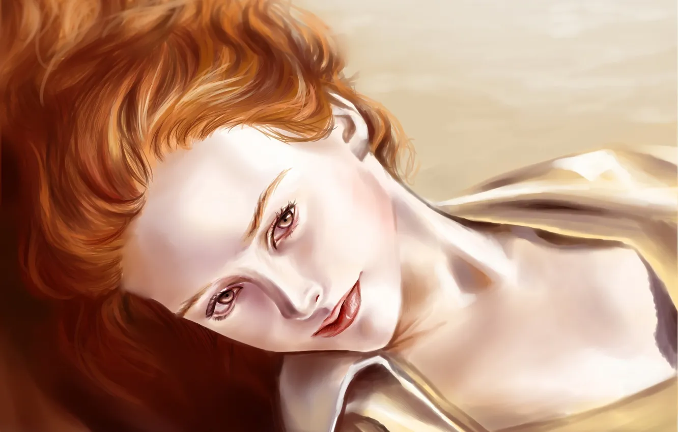 Photo wallpaper look, girl, face, hair, portrait, lips, lies, red