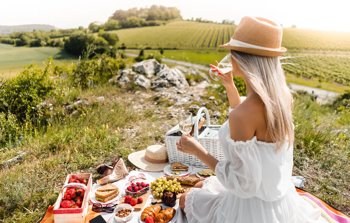 Photo wallpaper field, summer, girl, nature, berries, wine, basket, back