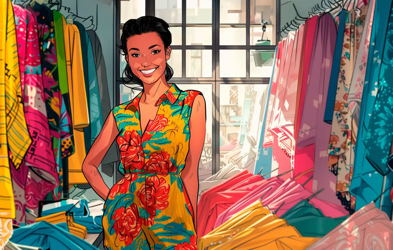 Photo wallpaper look, girl, smile, clothing, designer, digital art, fashion designer, AI art