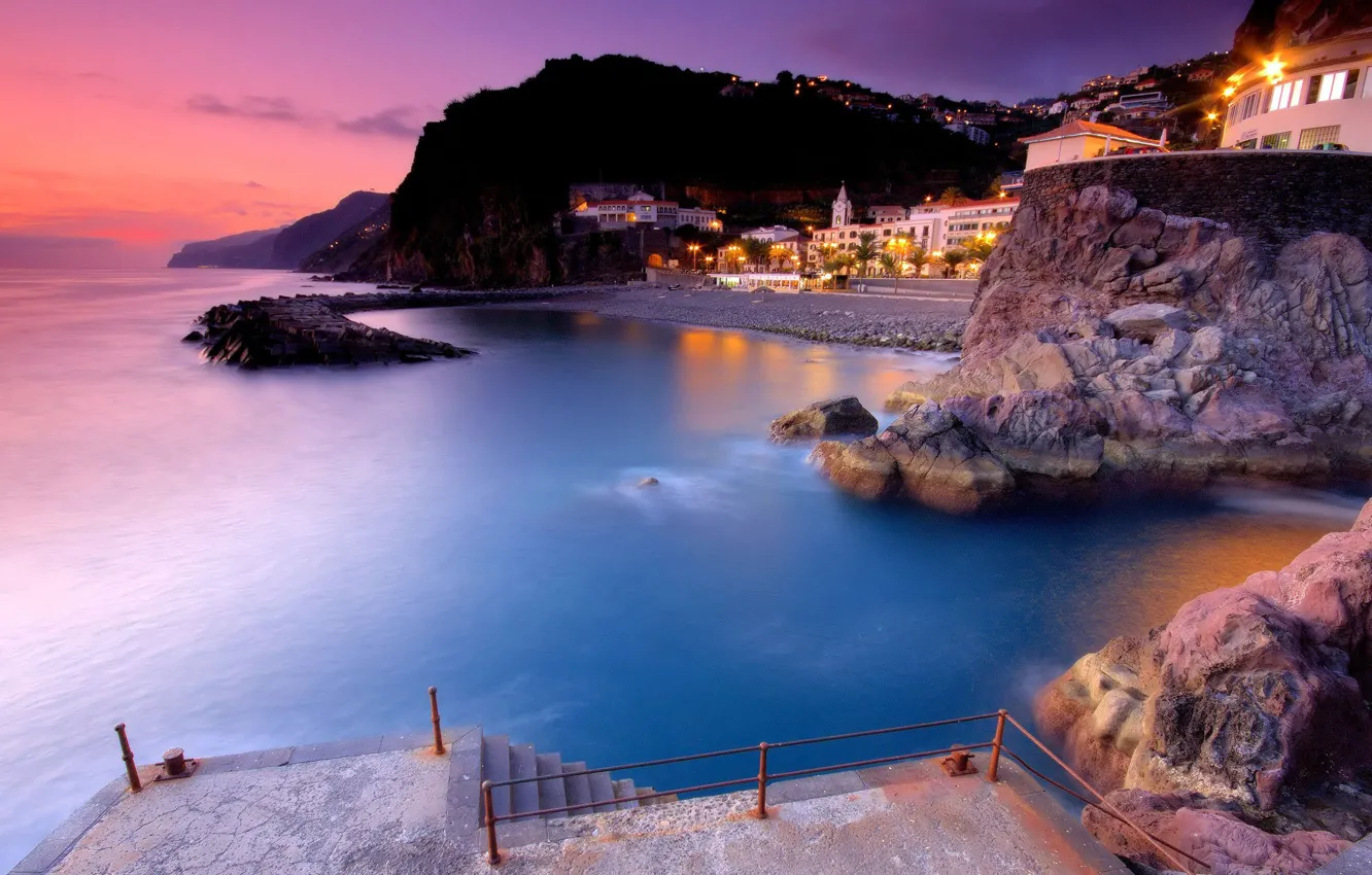 Photo wallpaper beach, the city, lights, rocks, home, pierce