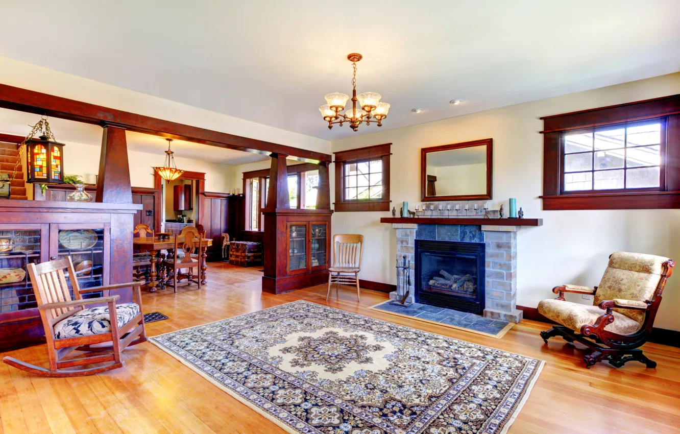 Photo wallpaper design, photo, carpet, interior, chair, chandelier, fireplace, living room