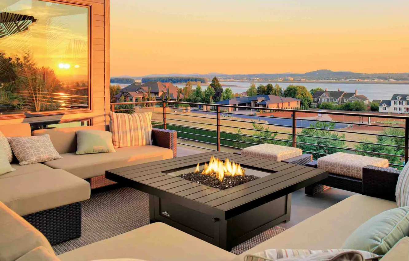 Photo wallpaper design, lights, style, sofa, Villa, interior, hearth, terrace