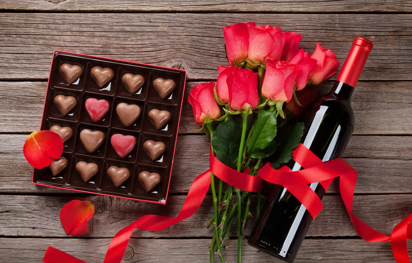 Photo wallpaper love, flowers, gift, romance, chocolate, roses, hearts, love