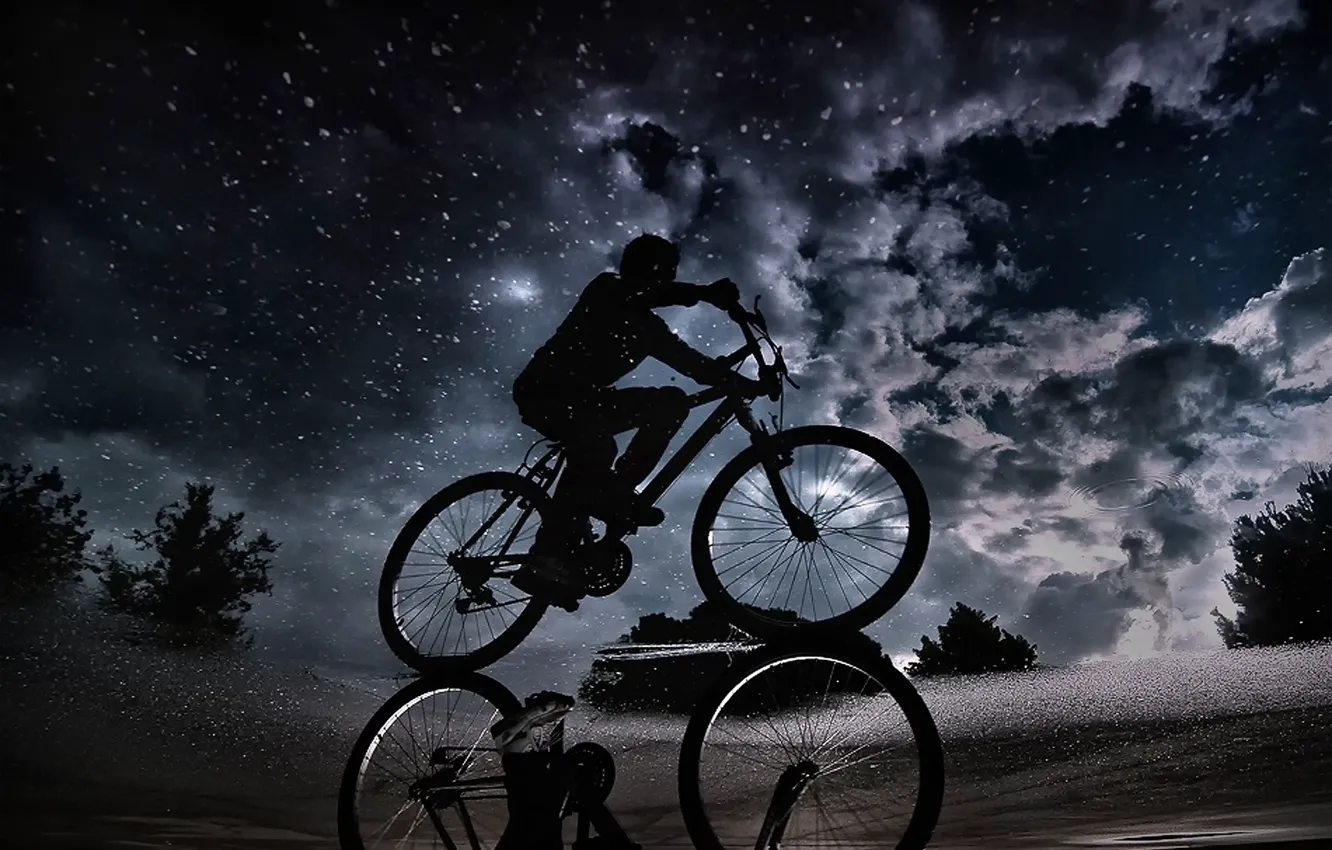 Photo wallpaper the sky, clouds, night, reflection, puddle, cyclist