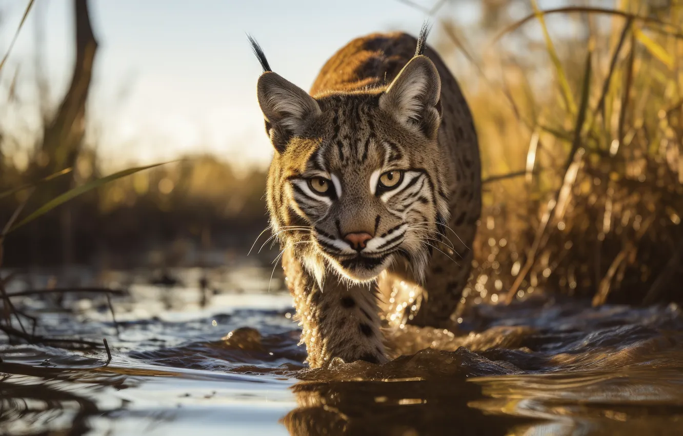 Photo wallpaper look, face, water, predator, reed, lynx, front, big cat