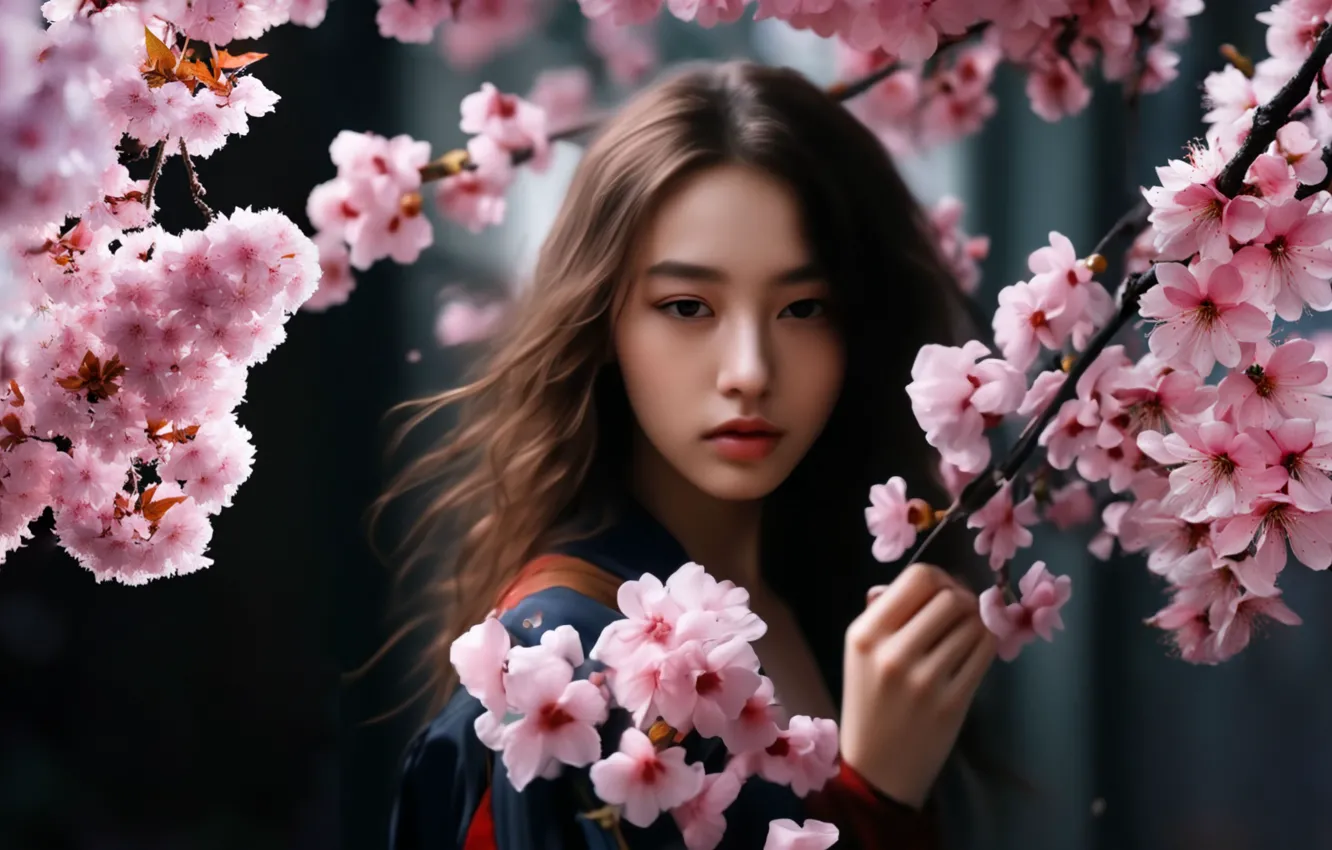Photo wallpaper girl, landscape, flowers, nature, spring, Asian, flowering tree, sakurv