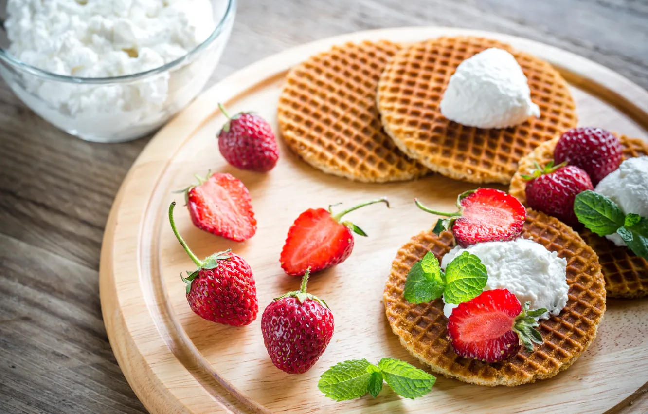 Photo wallpaper berries, cheese, strawberry, mint, waffles, ricotta, Alex9500