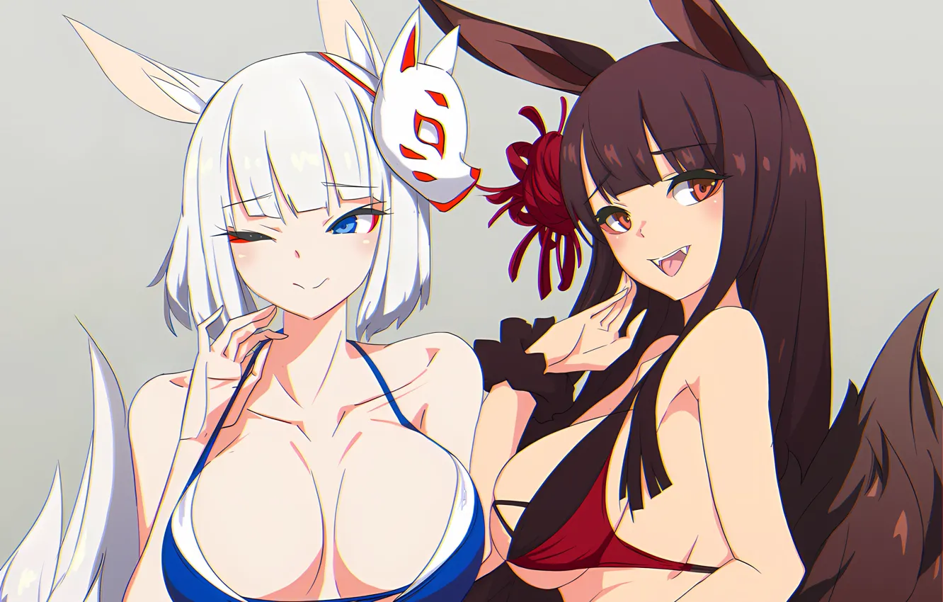 Photo wallpaper sexy, cleavage, long hair, girls, brown hair, boobs, animal ears, anime