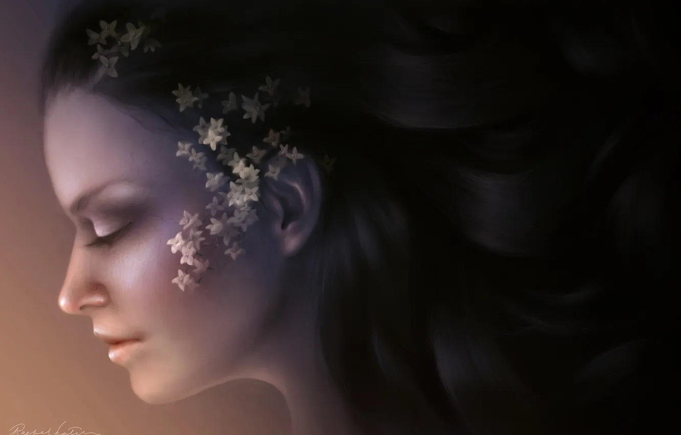 Photo wallpaper girl, flowers, hair, art, profile, small