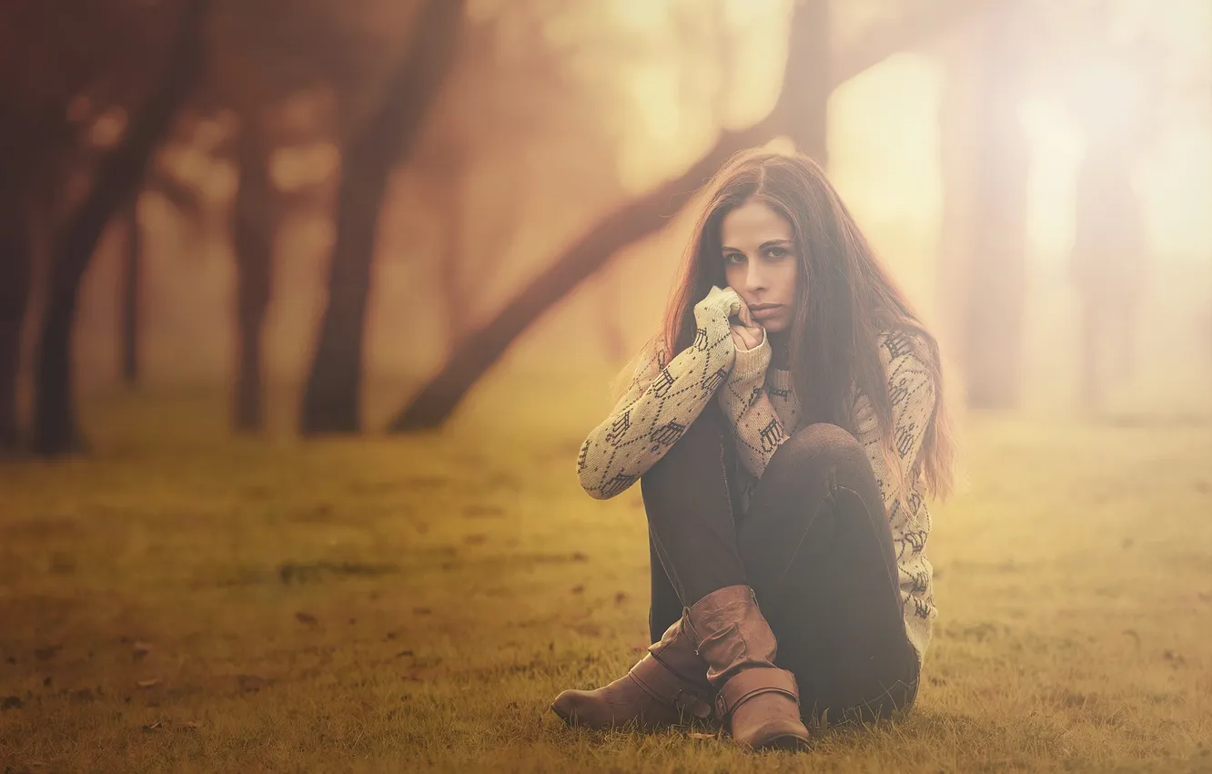 Photo wallpaper cold, autumn, girl, trees, fog, Park, loneliness