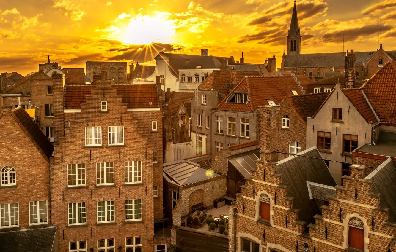 Photo wallpaper sunset, Belgium, Bruges, old quarter, the rays of the sun