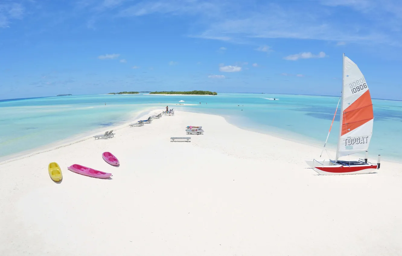 Photo wallpaper beach, tropics, the ocean, boats, The Maldives, exotic, white sand