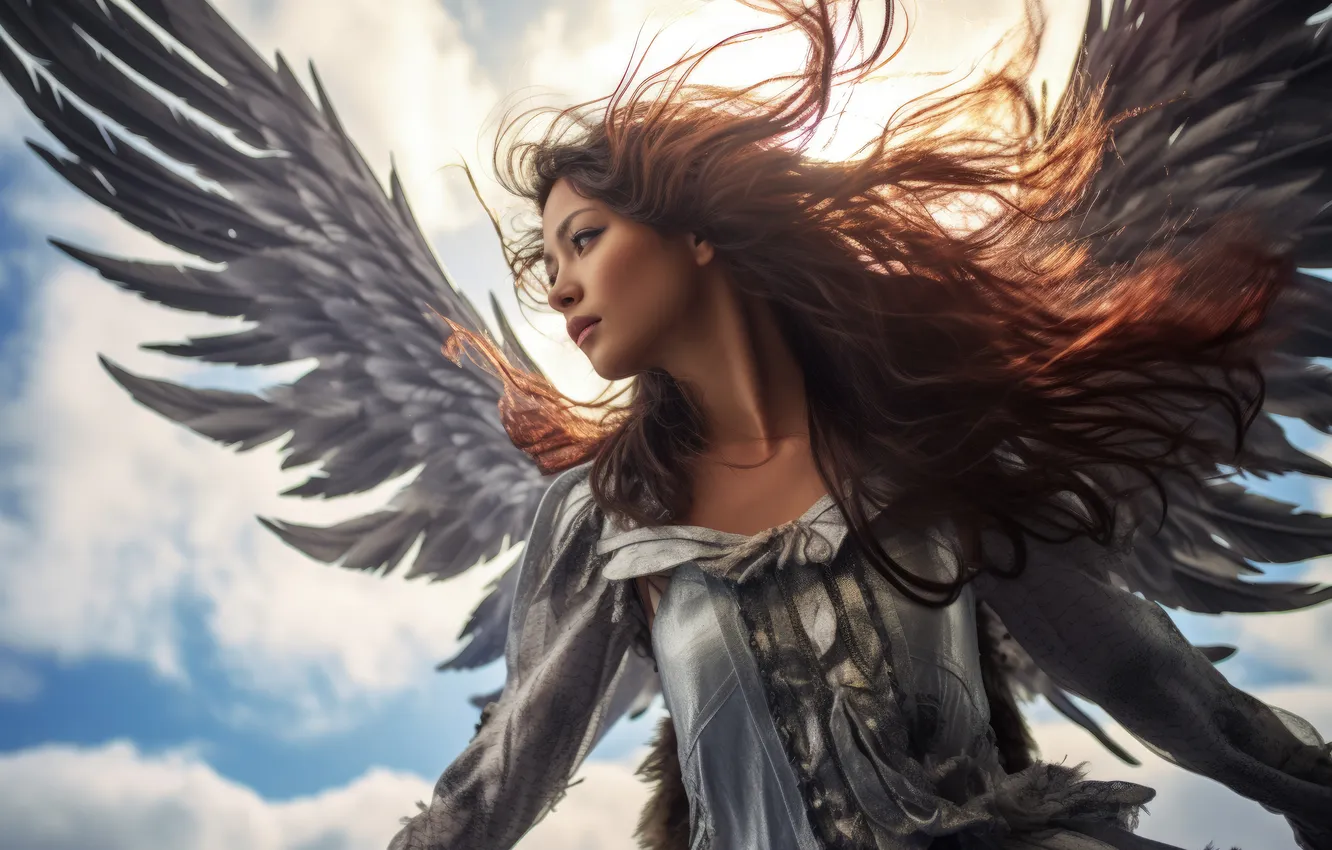 Photo wallpaper girl, hair, wings, angel, brown hair, digital art, AI art, The Art of Artificial Intelligence