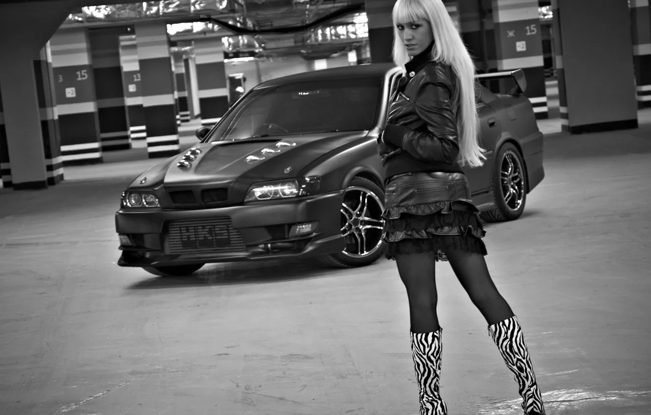Photo wallpaper look, Girls, blonde, Parking, beautiful girl, black and white photo, Toyota Chaser, dark cars