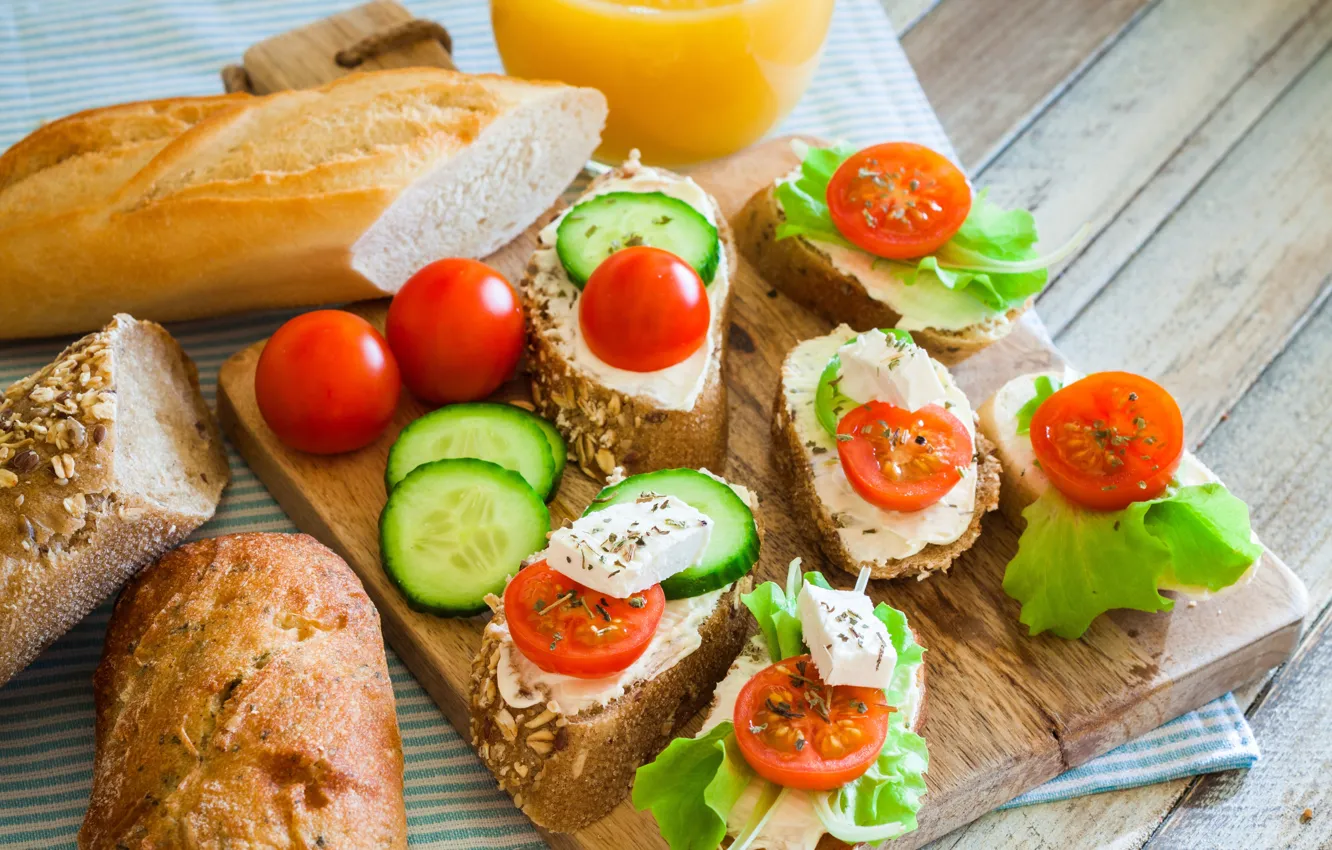 Photo wallpaper food, bread, cucumbers, sandwiches, tomatoes-cherry