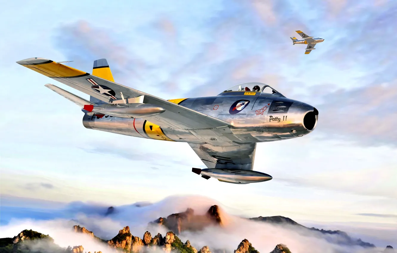 Photo wallpaper mountains, USA, Sabre, F-86F, The Korean war 1950-1953, Korea 1953