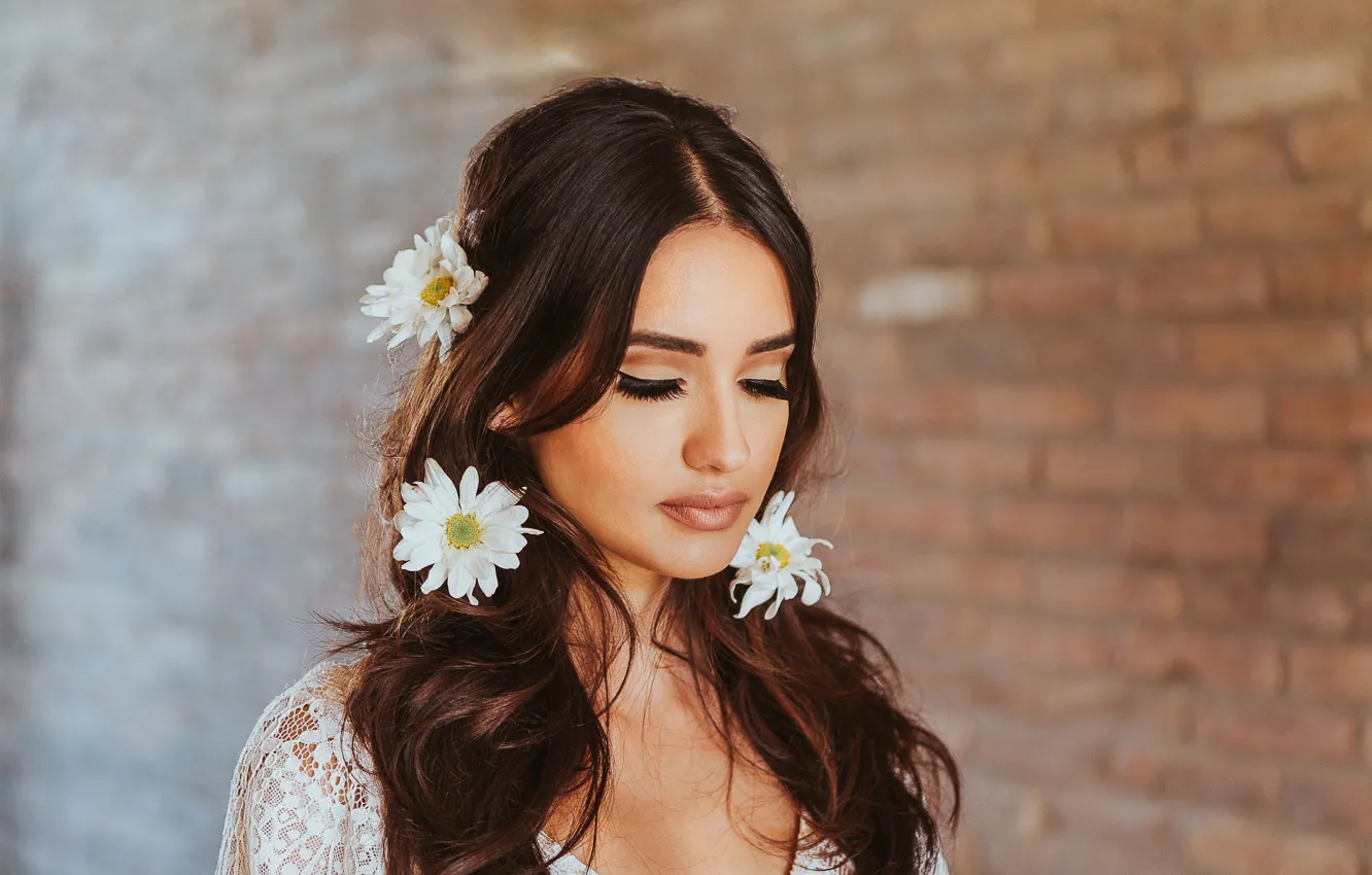 Photo wallpaper flowers, pretty, brunette, closed eyes