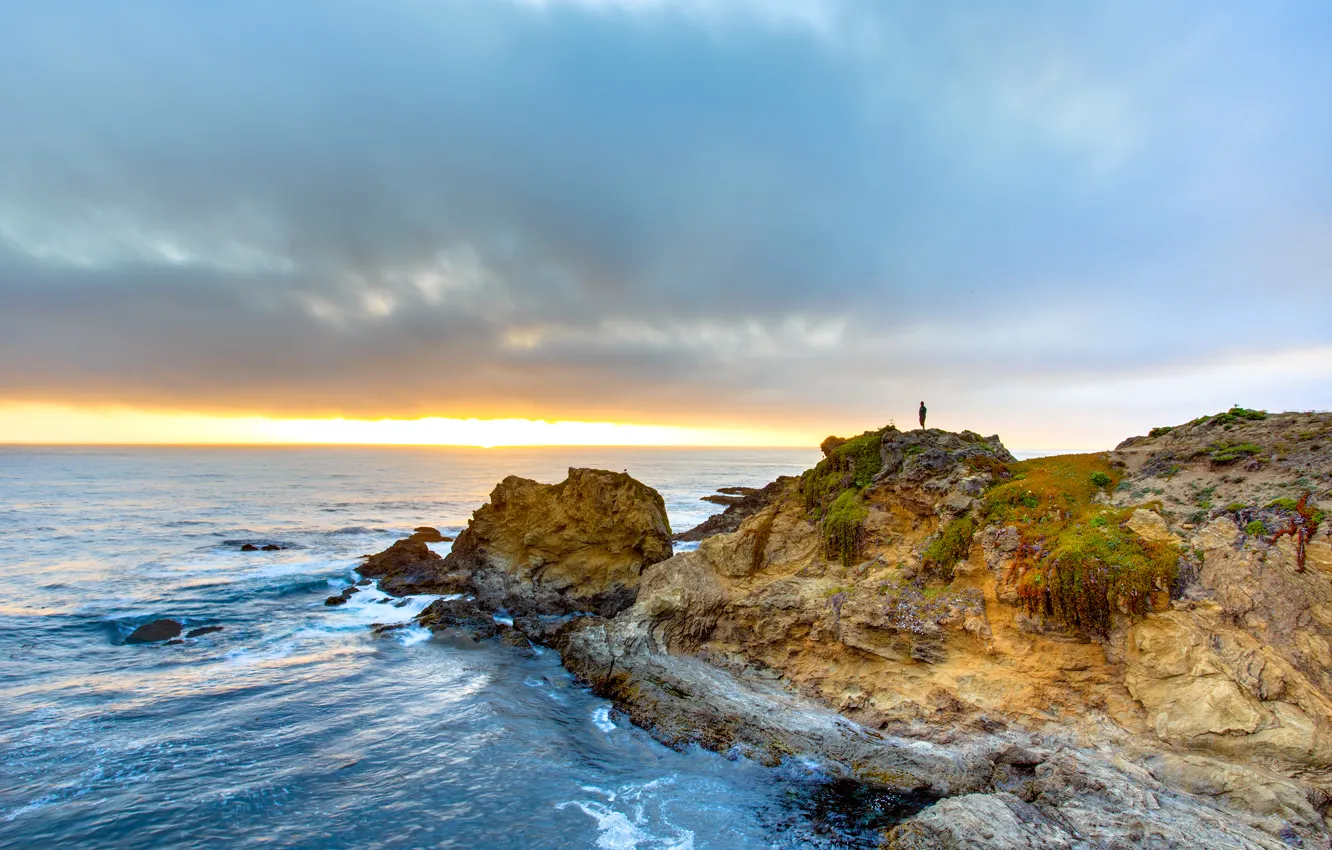 Photo wallpaper sea, the sky, clouds, sunset, the ocean, USA, California, Cape