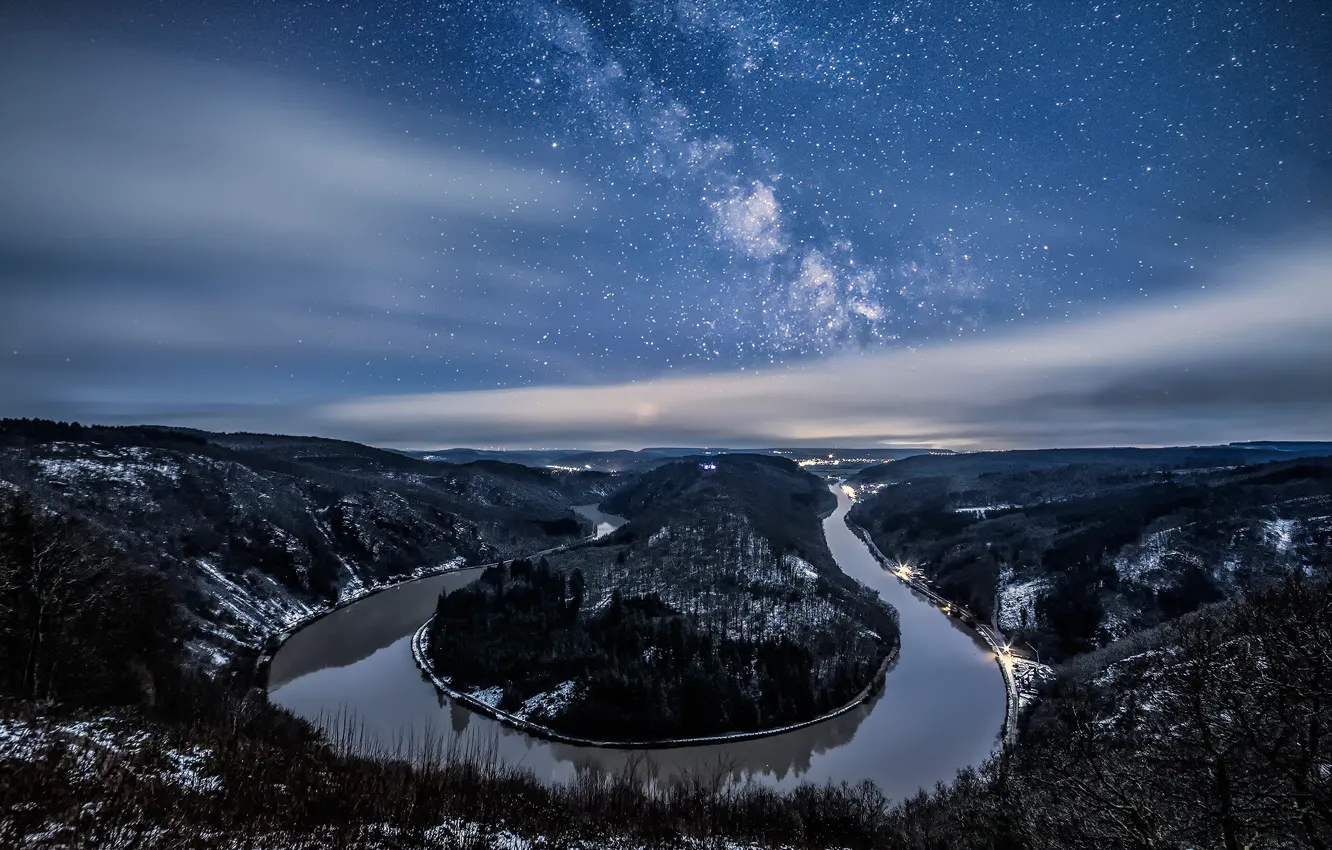 Photo wallpaper winter, stars, night, river, earth, Germany, the milky way, Saar