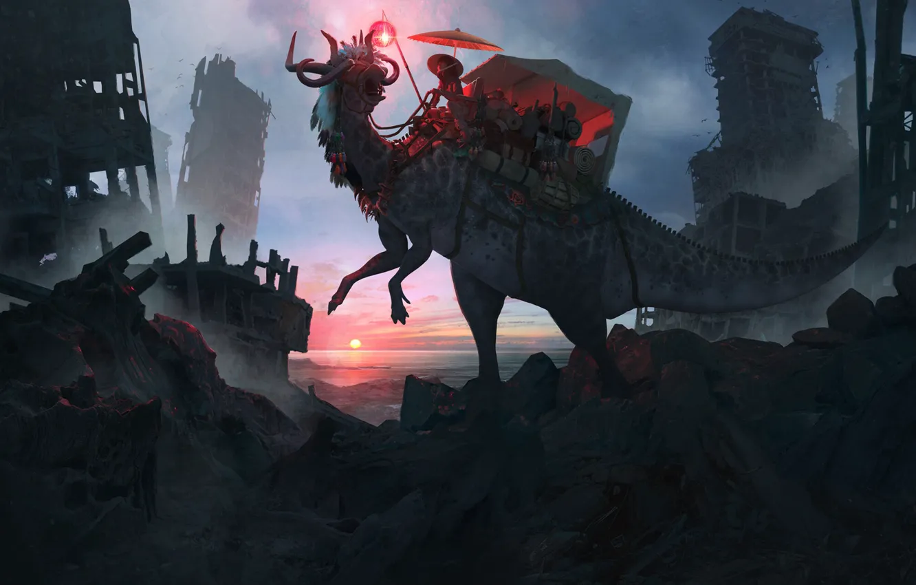 Photo wallpaper Guillem H. Pongiluppi, the ruins, Ayanami Sunrider, dinosaur