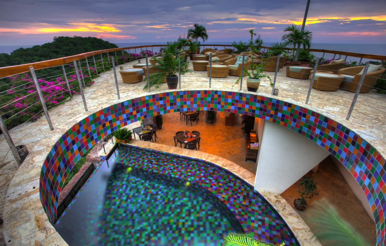 Photo wallpaper design, style, interior, pool, restaurant, the room, terrace, rooftop at sunset