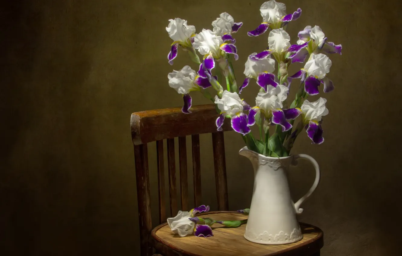 Photo wallpaper bouquet, chair, pitcher, irises