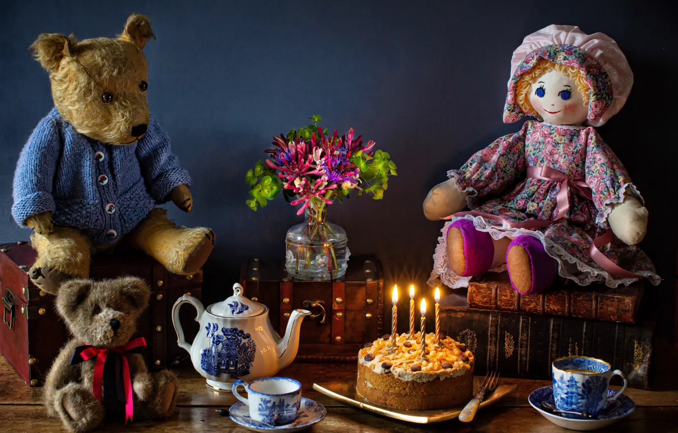 Photo wallpaper flowers, style, toys, books, doll, bears, the tea party, cake