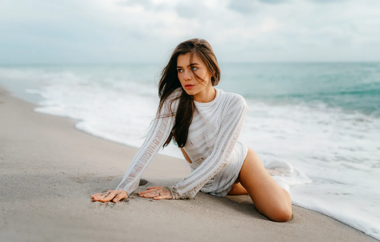 Photo wallpaper sea, beach, girl, pose, the ocean, dress, long hair, Christina