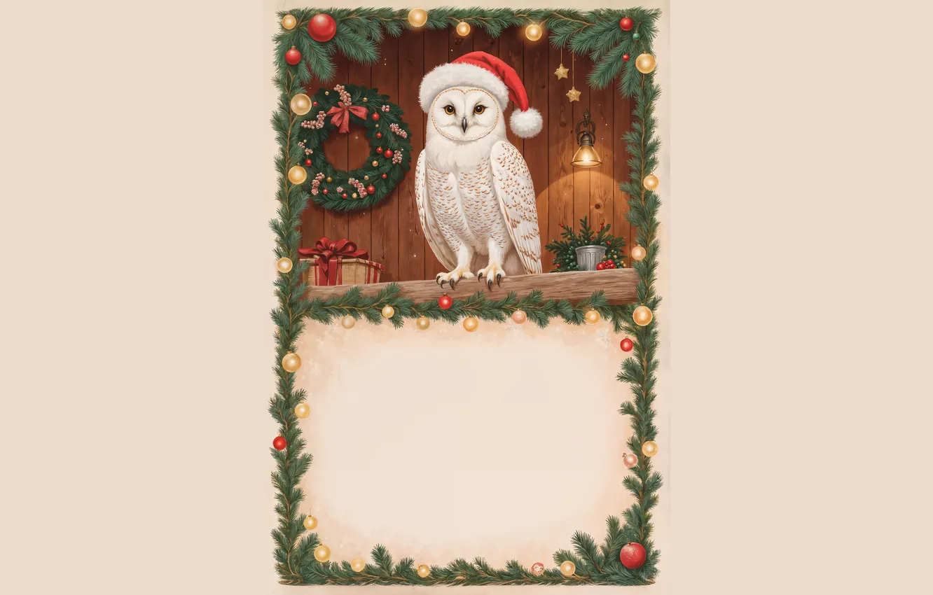 Photo wallpaper look, balls, owl, bird, new year, frame, Christmas, needles