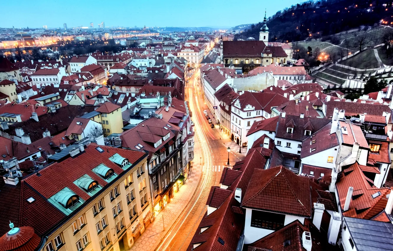 Photo wallpaper road, light, the city, building, home, the evening, excerpt, Prague