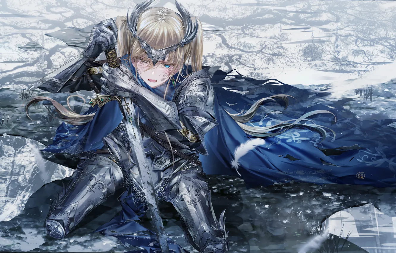 Photo wallpaper cold, pain, lose, knight, armor, kneeling, woman warrior, Fate Apocrypha