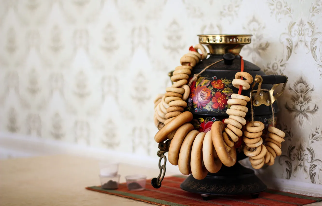 Photo wallpaper table, wall, Wallpaper, tea, home, jars, the tea party, bagels