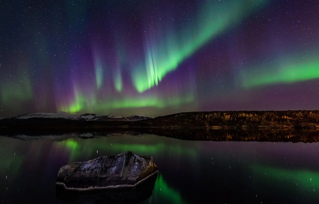 Photo wallpaper night, lake, reflection, beauty, Northern lights, night, lake, beauty
