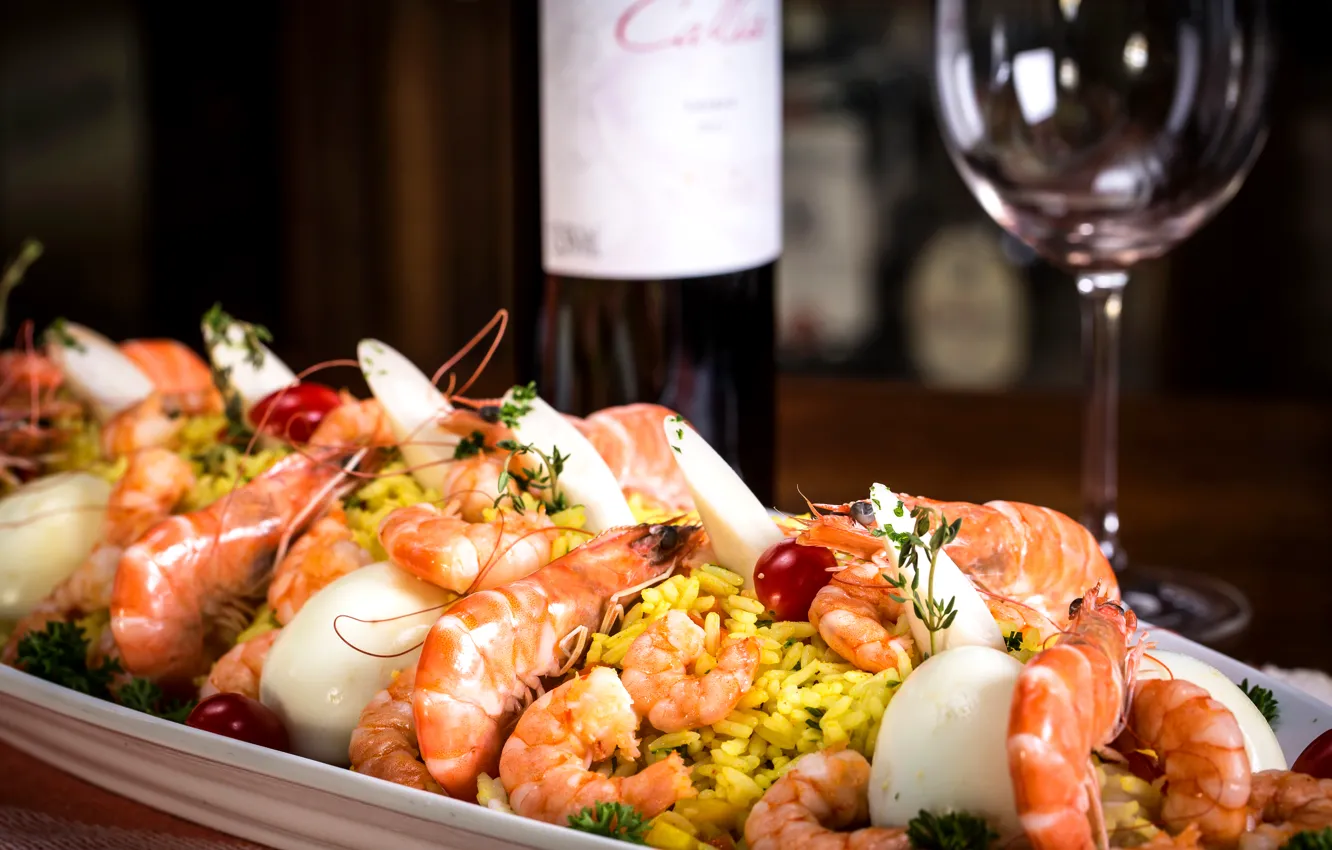 Photo wallpaper wine, figure, wine, shrimp, seafood, shrimp, seafood