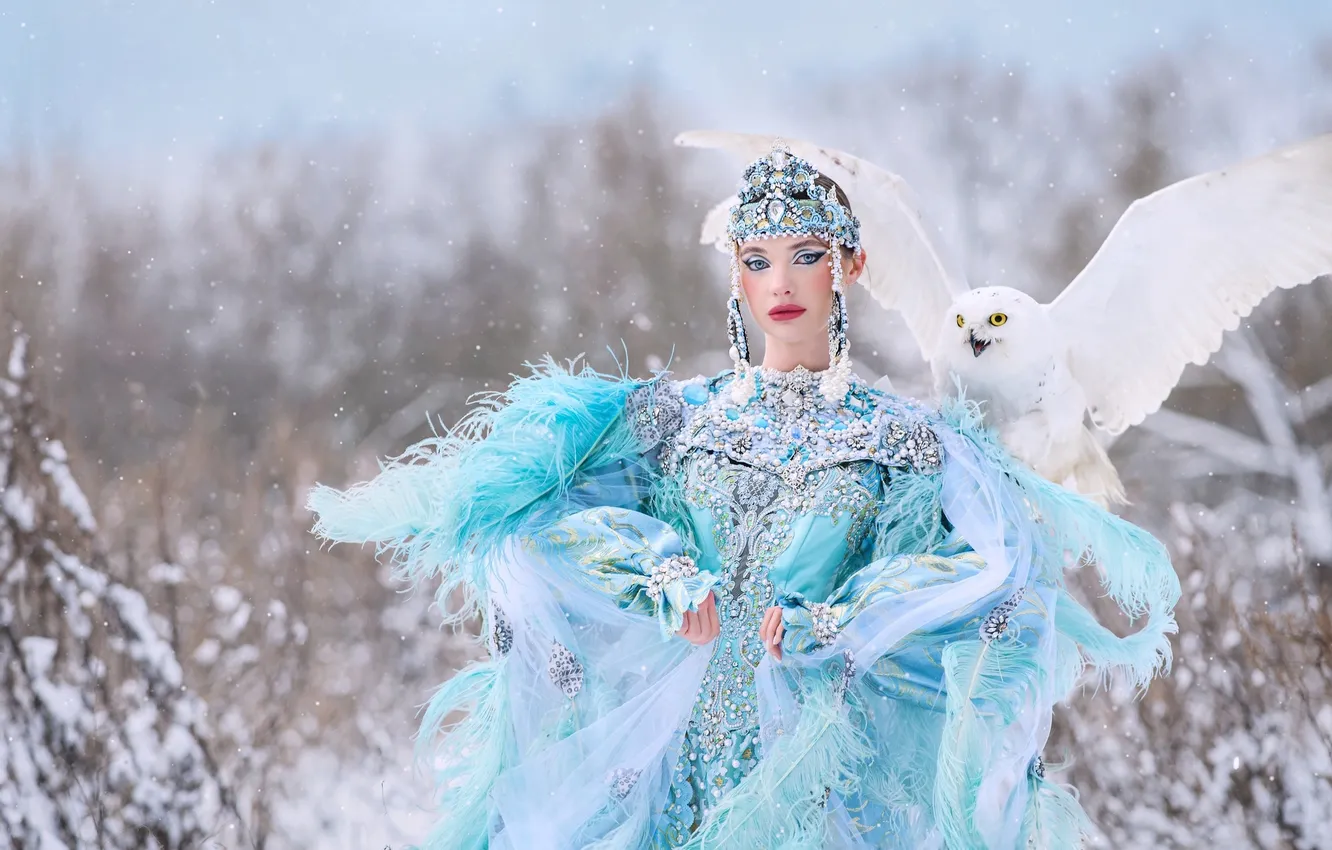 Photo wallpaper winter, white, look, girl, snow, decoration, nature, pose