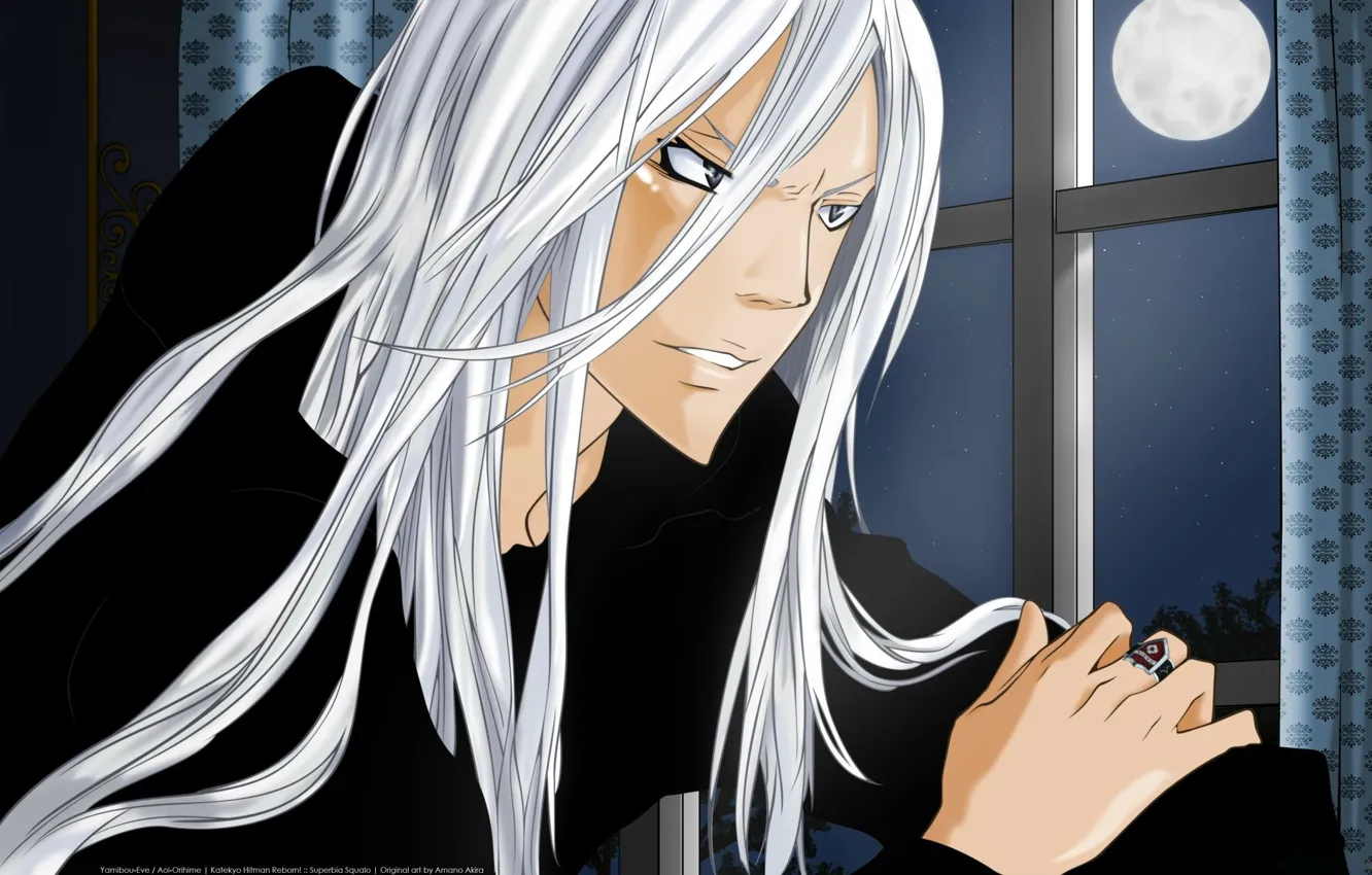 Photo wallpaper the moon, window, ring, white hair, art, katekyo Hitman reborn, shark superb, amano akira