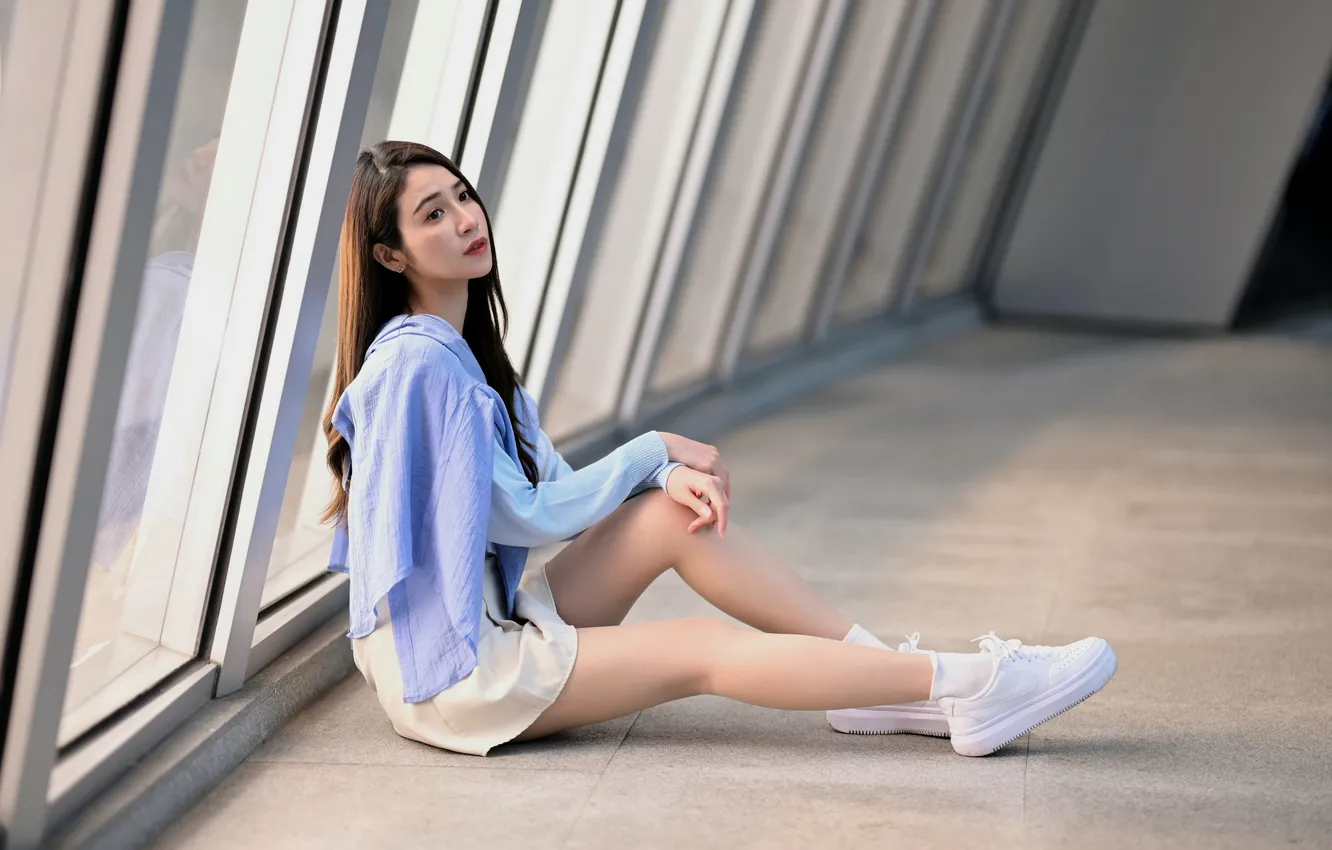 Photo wallpaper feet, skirt, Asian, sitting, sweater