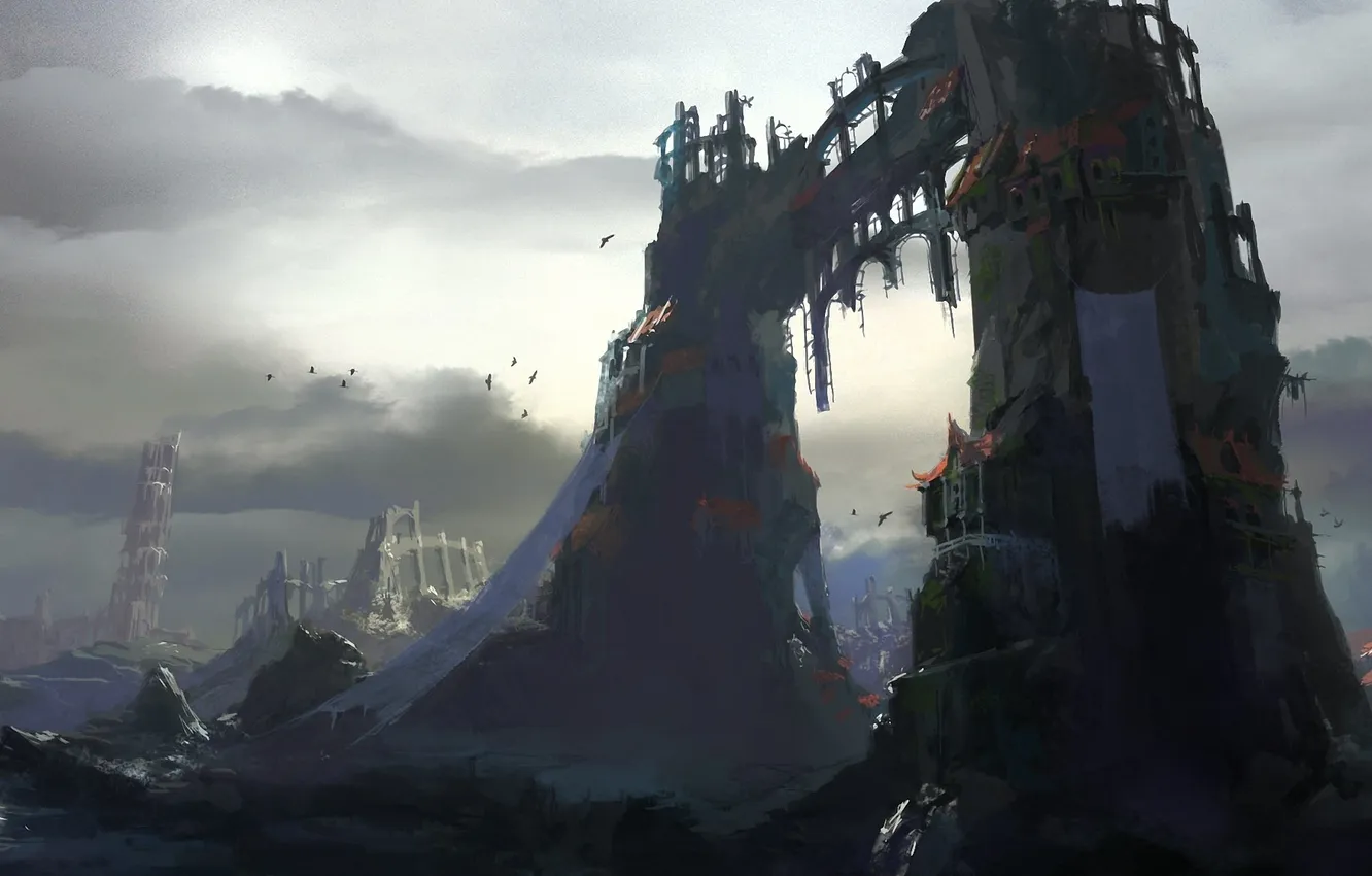 Photo wallpaper clouds, clouds, the city, bird, art, arch, ruins, abandonment