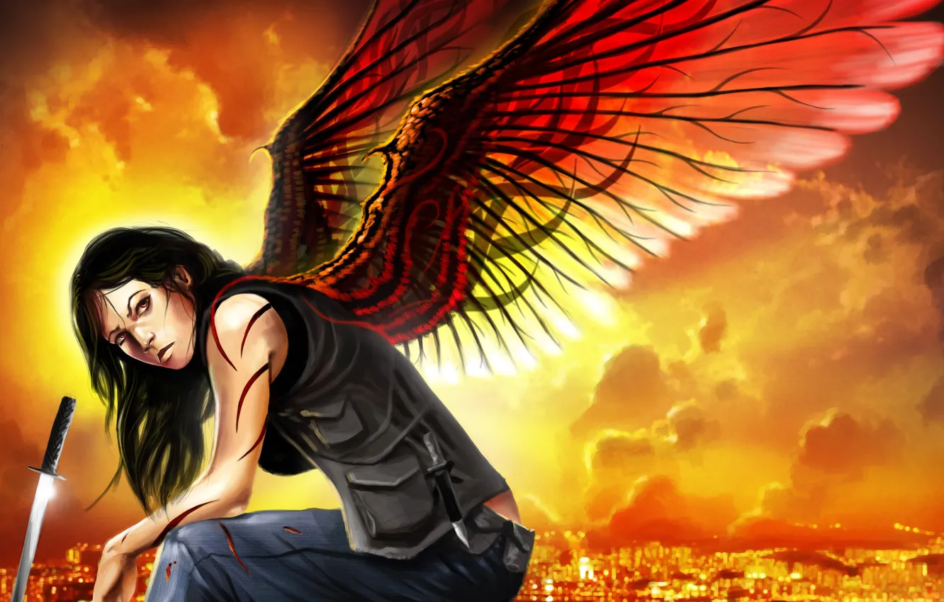Photo wallpaper look, girl, the city, wings, sword, katana, art, knife
