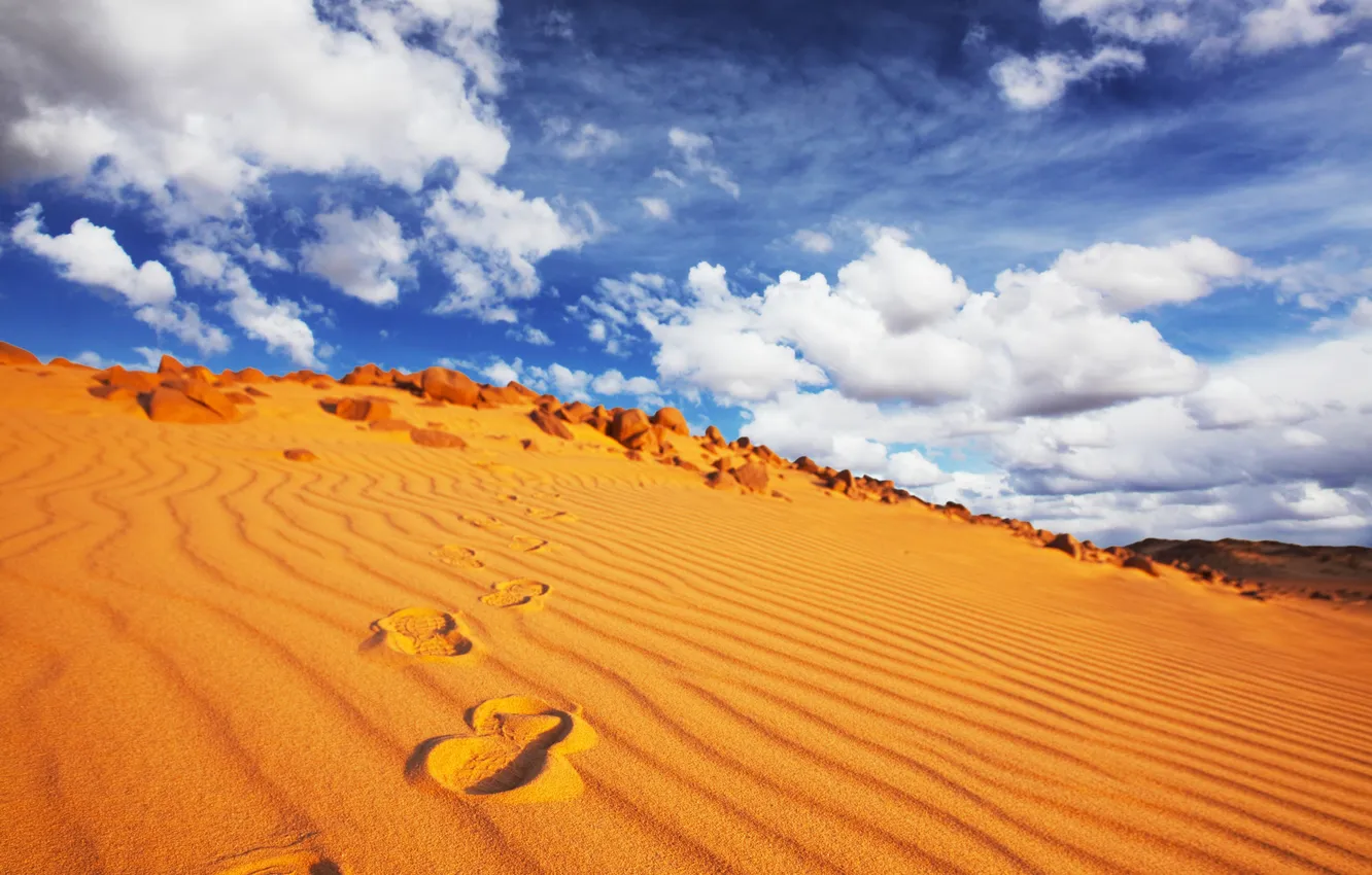 Photo wallpaper sand, the sky, clouds, traces, desert, Africa, blue, imprint