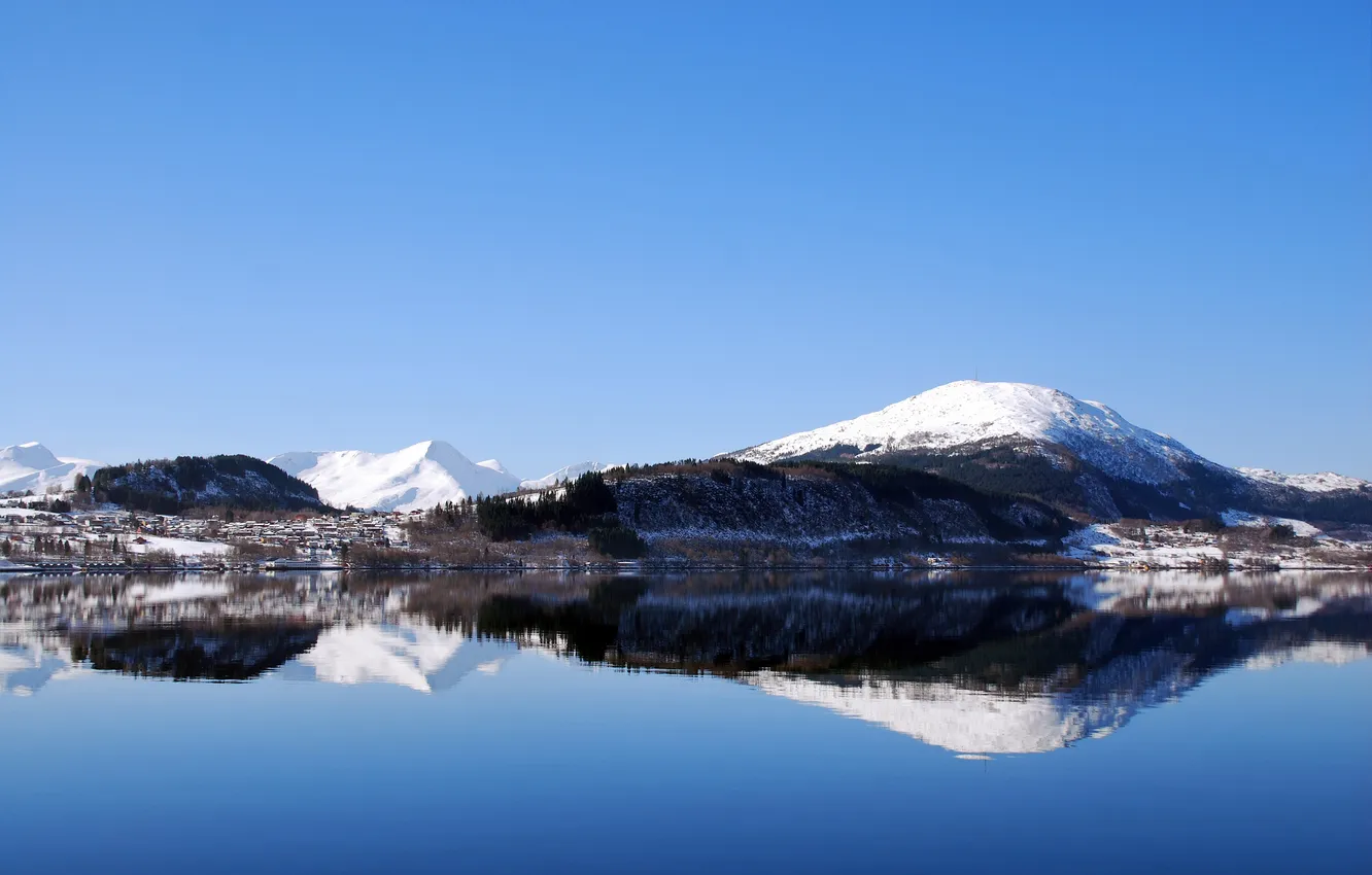Photo wallpaper the sky, snow, mountains, lake, reflection, town