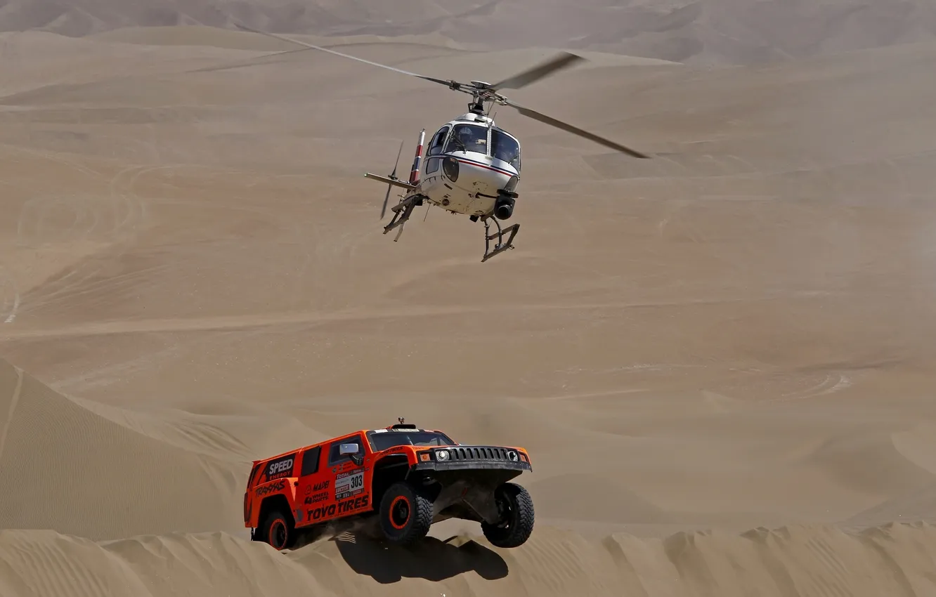 Photo wallpaper sand, race, sport, desert, dunes, helicopter, Rally, Dakar