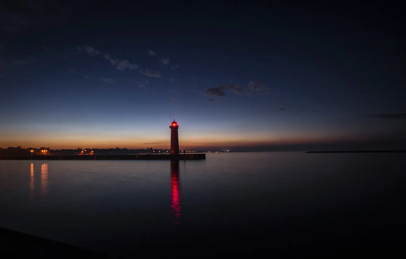 Photo wallpaper sea, the sky, clouds, night, lighthouse