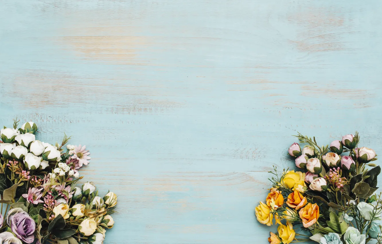 Photo wallpaper flowers, background, frame, colorful, wood, flowers, bright