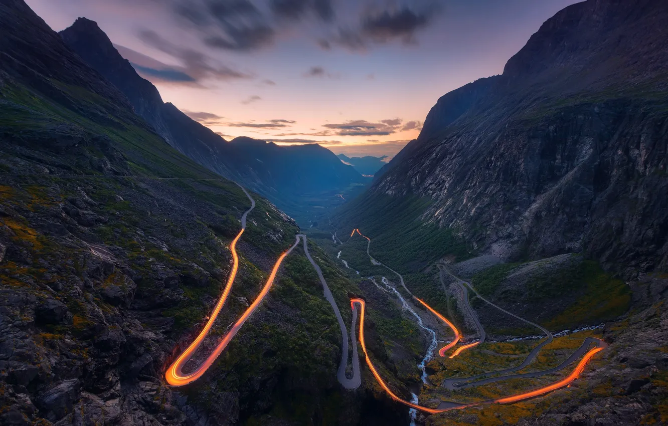 Photo wallpaper road, light, mountains, excerpt, valley