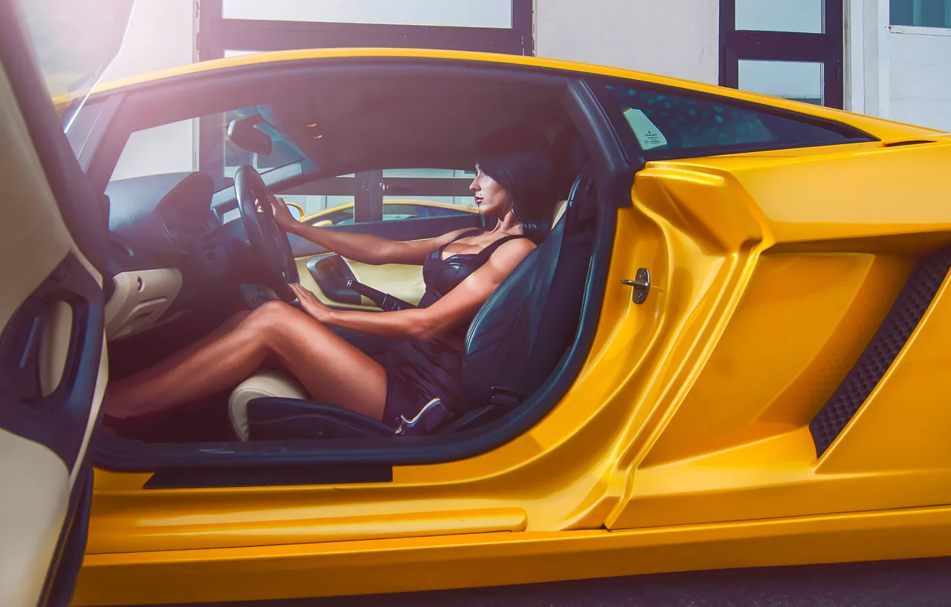 Photo wallpaper Lamborghini, Girl, Legs, Black, Beauty, Yellow, Side, View