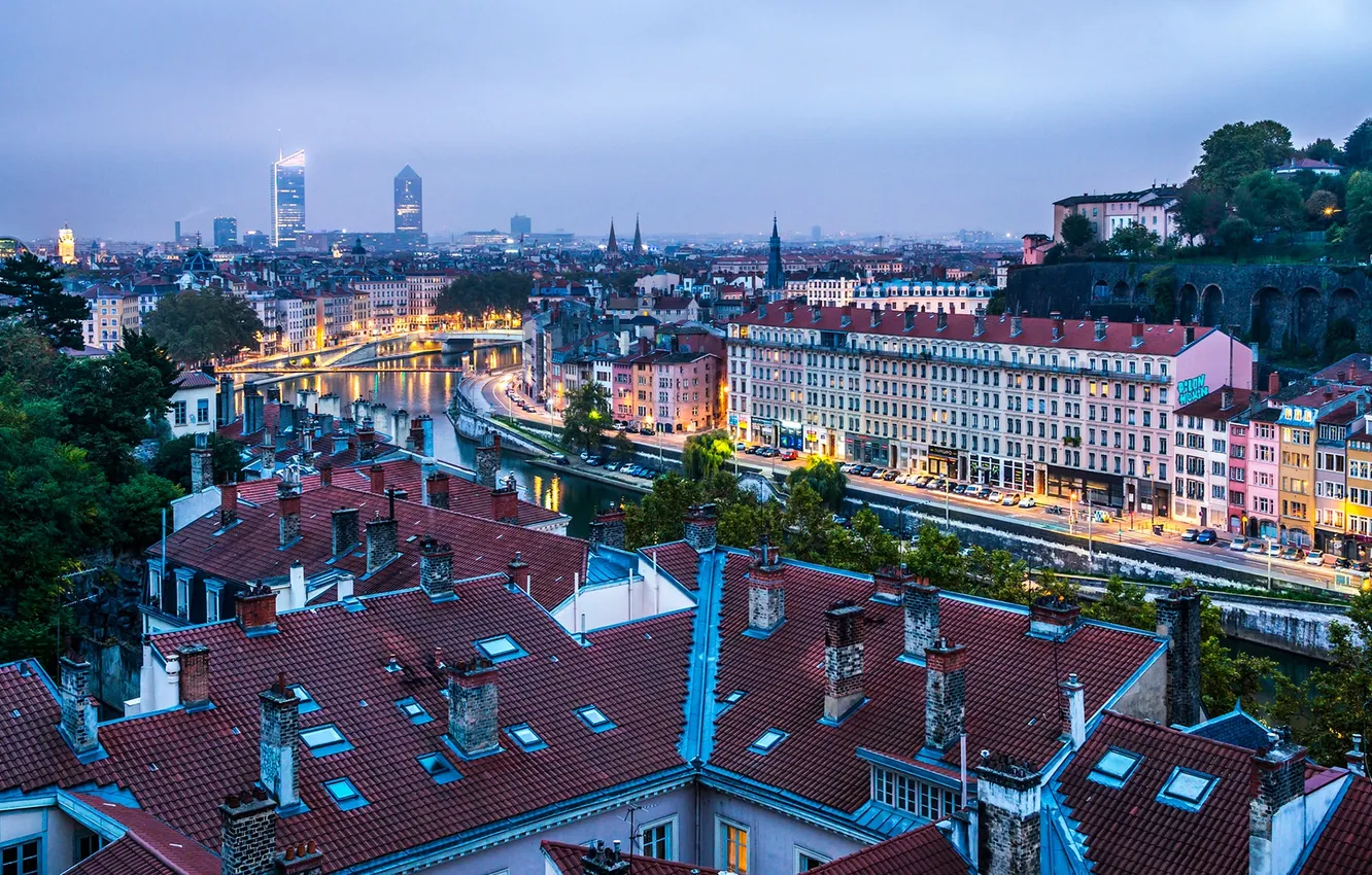 Photo wallpaper the city, France, building, the evening, Lyon