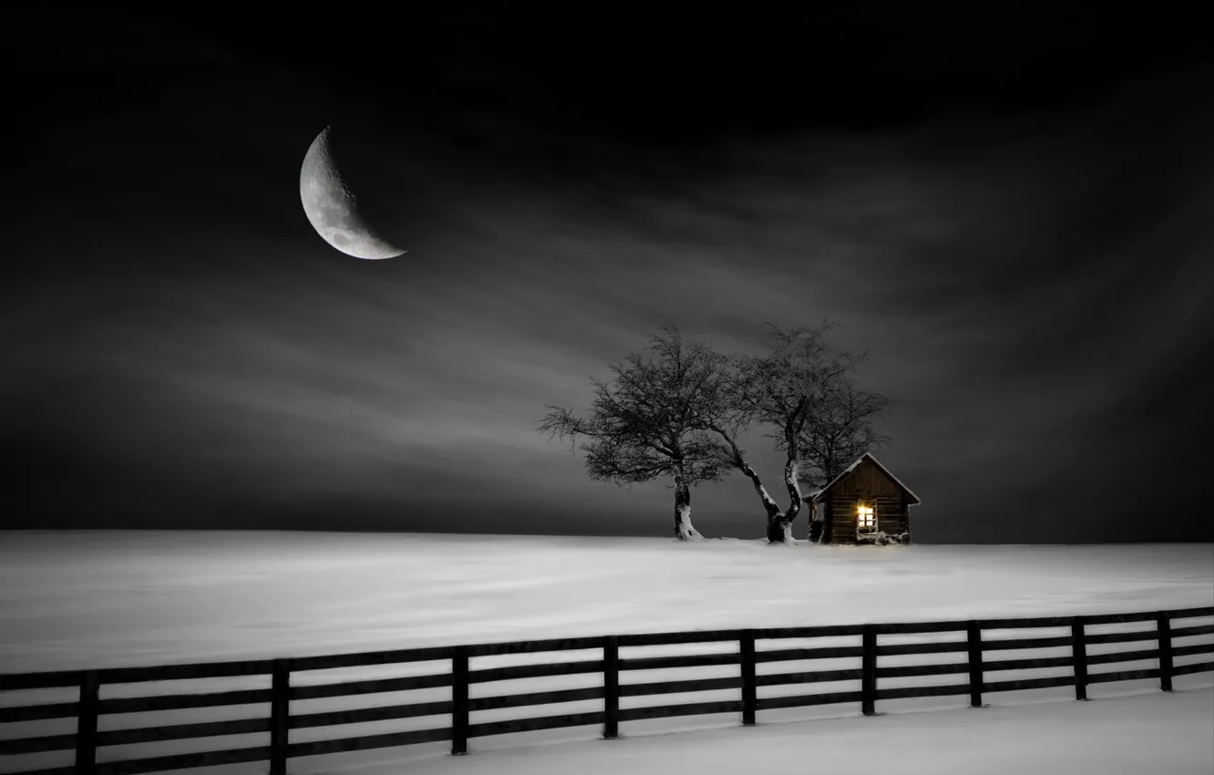 Photo wallpaper moon, snow, home