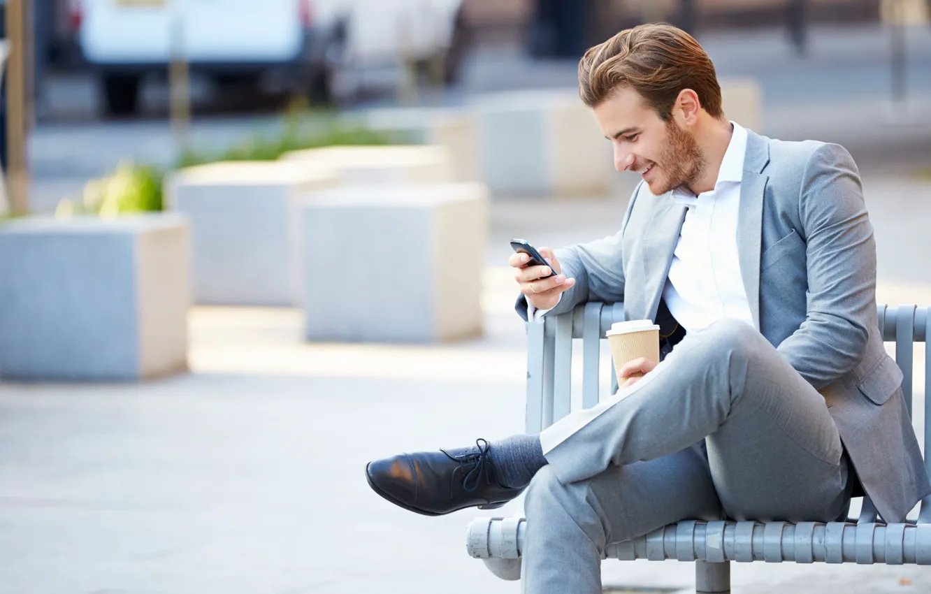 Photo wallpaper coffee, shop, phone, guy