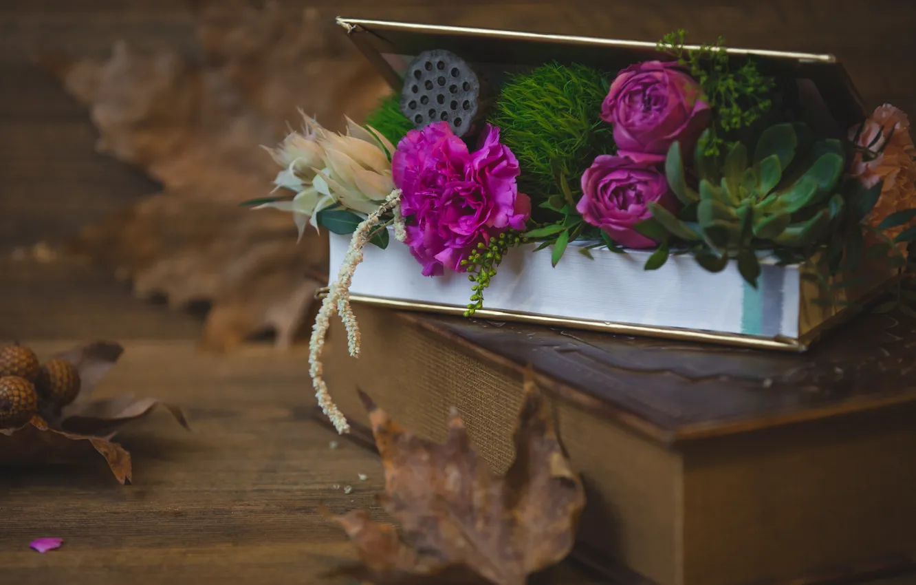 Photo wallpaper flowers, table, box, bouquet